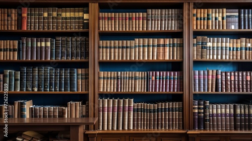 Law library with shelves of books and legal documents in a professional office photo