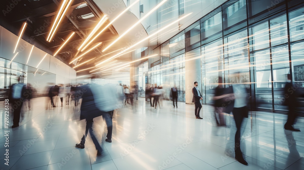 Crowd of business people in motion in a modern office building