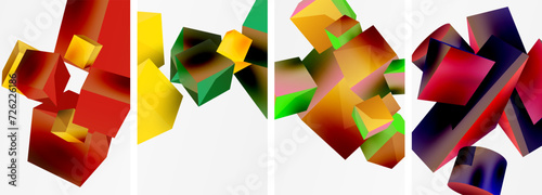 Flying 3d shapes, cubes and other geometric elements background design for wallpaper, business card, cover, poster, banner, brochure, header, website