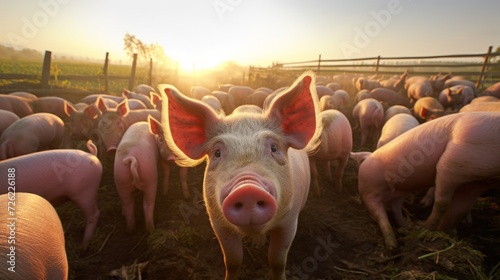 A lot of pink piglets graze on a rural pig farm at sunset. Meat production, animal husbandry and agriculture concepts. photo
