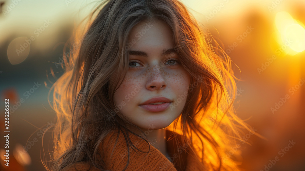 portrait of a woman with freckles at sunset,  Portrait close-up of a young beautiful woman with beautiful eyes, close up face of pretty girl