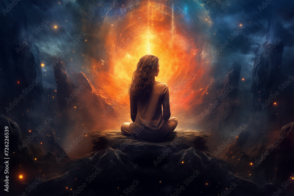 Discover serenity as a woman meditates before a cosmic landscape, expertly crafted in a photorealistic pastiche, capturing the essence of the galaxy's awe-inspiring beauty.