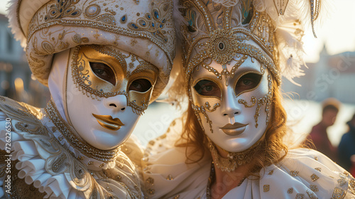 Venetian carnival masks, Venice carnival, closeup of couple in white custom, at golden hour, Venice canal Italy