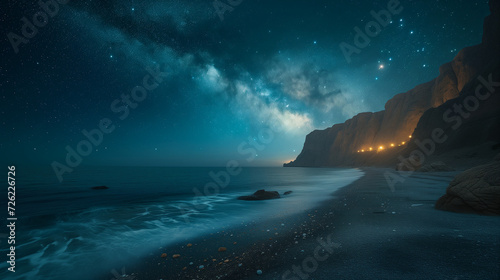 Milky Way night sky on the beach, view of the ocean