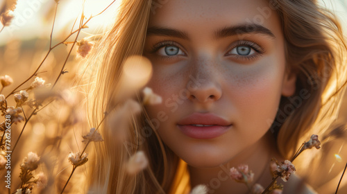 portrait of a blonde woman in a flower field during sunset, a Portrait close-up of a young beautiful woman with beautiful eyes, close up face of pretty girl