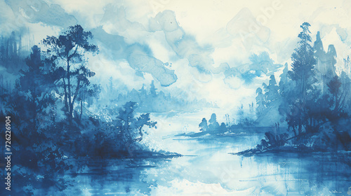 Blue ink landscape painting