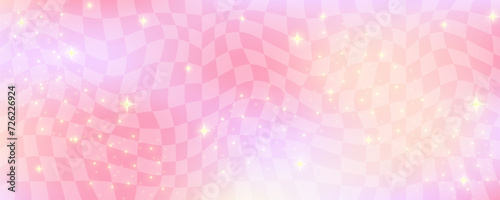 Checkerboard wavy pattern. Retro warp chessboard with gradient texture. Y2k abstract background with stars and sparkles. Vector pink distort wallpaper