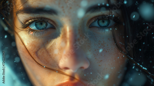 close up of a woman in the snow with blue eyes, Portrait close-up of a young beautiful woman with beautiful eyes, close up face of pretty girl