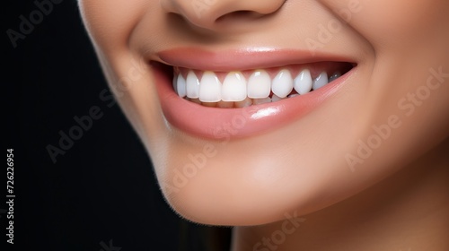 Young woman with perfect white teeth smiling happily at the dentist. Oral hygiene and dental care concept. Stomatology and dentistry background.