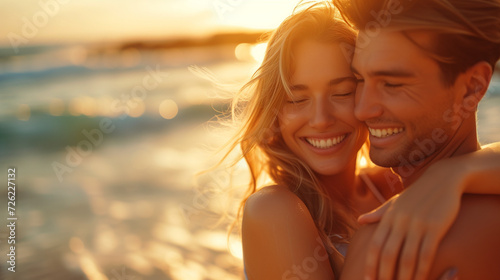 portrait of a woman and men outdoors, A beautiful woman hugging her husband by the sea at sunset, couple with golden sun, smiling people