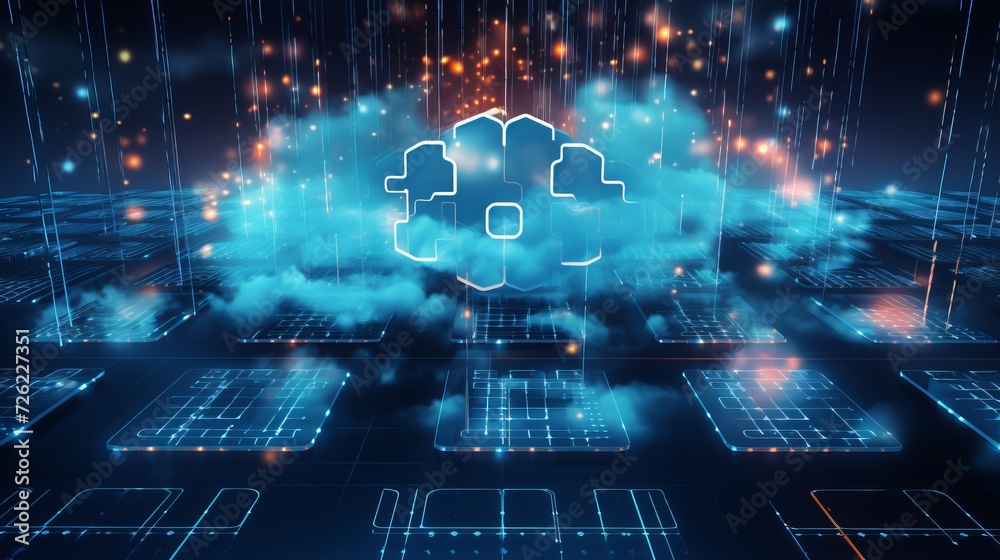 Futuristic cloud storage network: 3d illustration of binary code, deep learning, blockchain, wireless technology, and ai connection in a digital landscape Futuristic cloud storage network: 3d illustration of binary code, deep learning, blockchain, wireless technology, and ai connection in a digital landscape