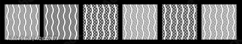 Set of six fish, dragon, snake scales seamless vector patterns. Scales with wavy lines in the foreground. Repeated black curves, isolated on white background. Regular black and white vector patterns. photo