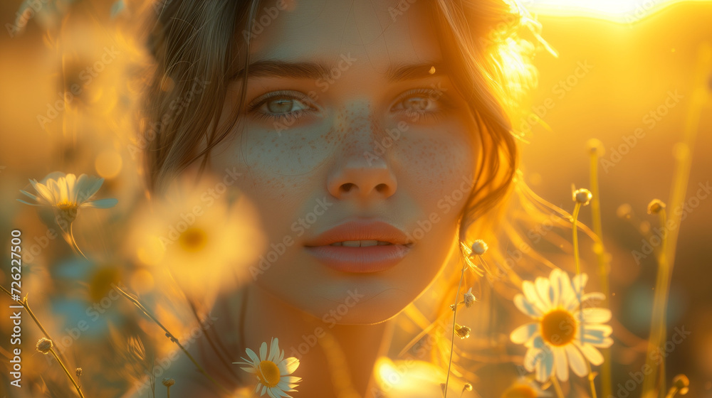 Fototapeta premium portrait of a girl in the field of sunflowers, Portrait close-up of a young beautiful woman with beautiful eyes, close up face of pretty girl