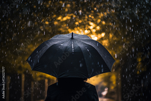 Back view of woman with open black umbrella in heavy rain