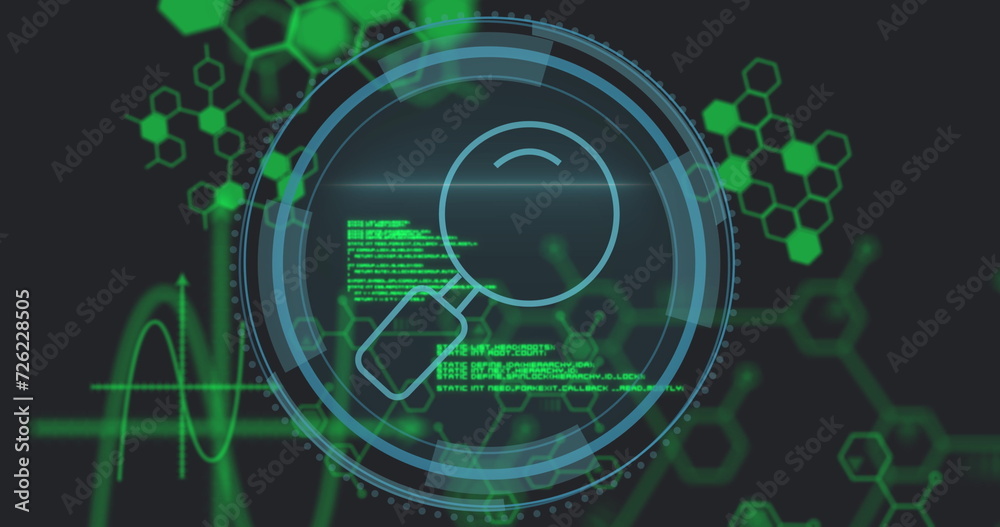 Image of reading glass icon over data processing on black background Image of reading glass icon over data processing on black background