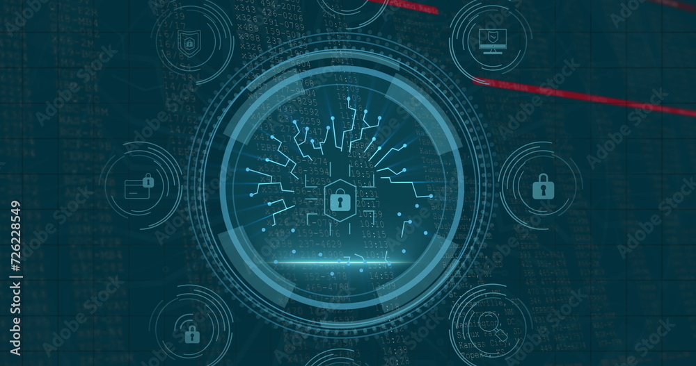 Image of data processing and padlock over blue background Image of data processing and padlock over blue background