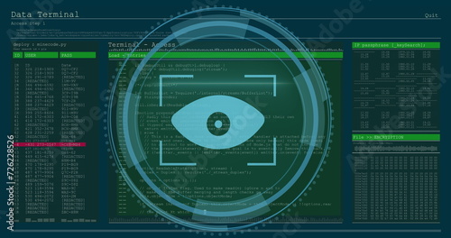 Image of data processing and eye over blue background