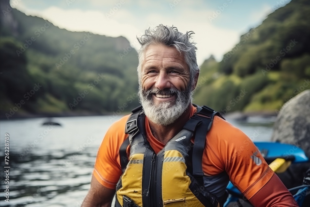 Portrait of a senior man kayaking on a mountain river. Portrait of a senior man kayaking on a mountain river.