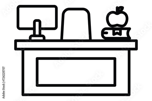 Teacher desk icon with computer. icon related to education, technology integrated teaching hub. line icon style. element illustration