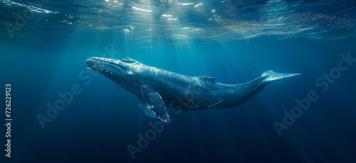 A blue whale swims alone in the deep ocean photo