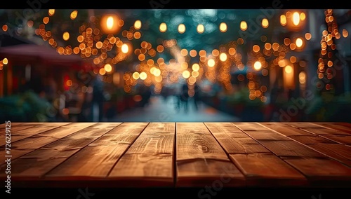 Rustic wooden table with festive bokeh lights in blurred background creating abstract and vintage atmosphere for night party or holiday celebration in modern bar cafe or restaurant showcasing urban photo