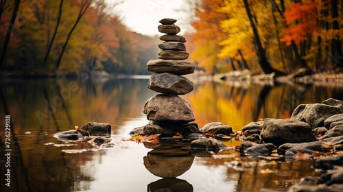 Zen-like stone tower in a colorful autumn forest. A stack of natural stones balanced on each other under the falling leaves.