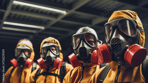 A group of men wearing gas masks and helmets. Inspecting chemical leak in industry factory. 