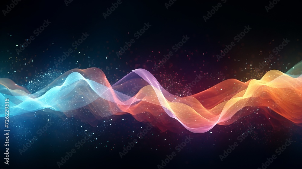 Abstract background of colorful glowing particles pulsing to the rhythm of sound waves. Music visualization concept. - obrazy, fototapety, plakaty 