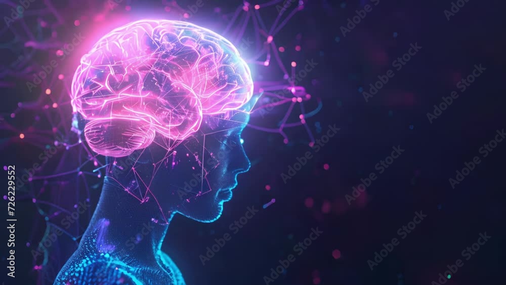 A holographic image of a human brain appears above the head of a user wearing a headband equipped with IoT sensors displaying brainwave patterns and cognitive insights.