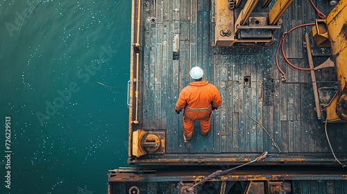 Elevated view of dock worker on cargo crane platform, Felixstowe, England. copy space for text. photo