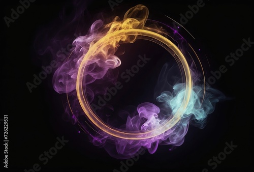Dramatic Smoke Ring Illustration with Purple and Yellow Hues on Black