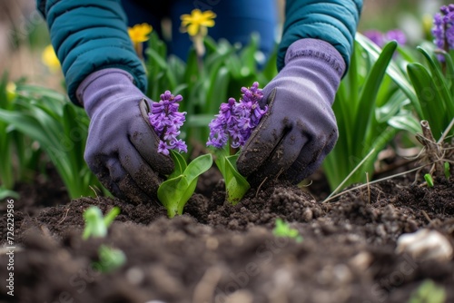 Hands in rubber gloves planting hyacinth in loosened soil. AI generative