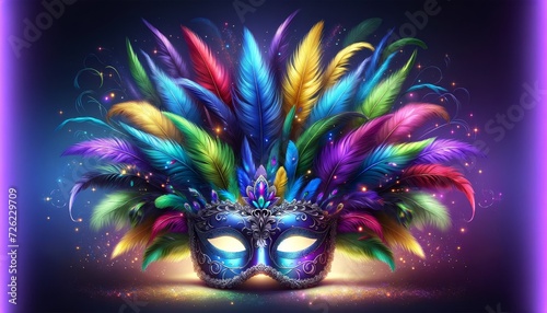 a vibrant masquerade mask adorned with an array of colorful feathers, including hues of blue, purple, green, yellow, and red © Riz