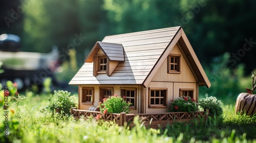 Wooden model of house on green grass with blue sky and clouds, concept of new home construction, real estate, and eco-friendly living.