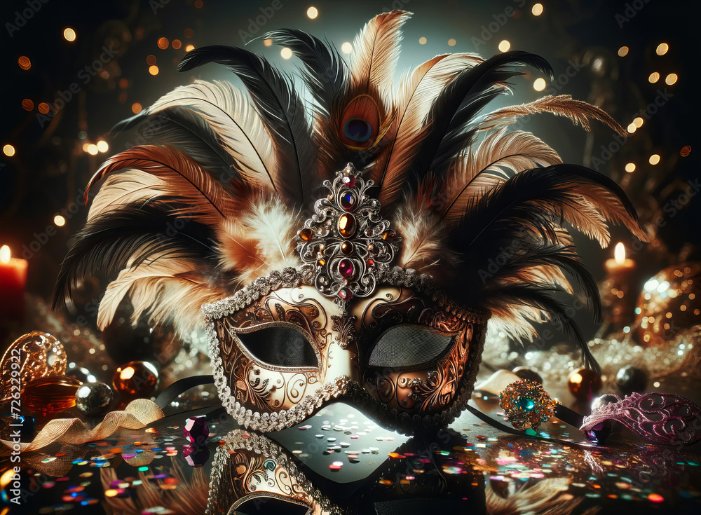 elegant masquerade mask adorned with intricate designs, feathers, and jewels