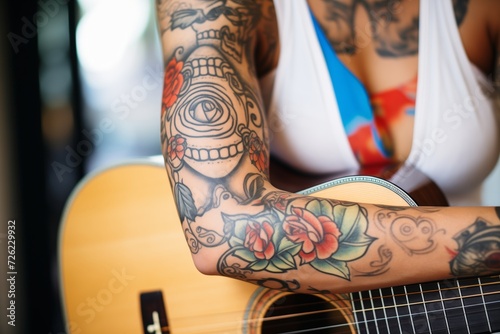lady with arm tattoos strumming acoustic guitar