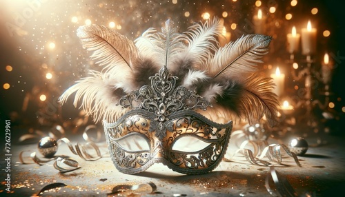 elegant masquerade mask adorned with intricate designs, feathers, and jewels