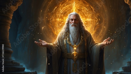 A radiant and wise enchanter stands tall, drenched in a halo of golden light, radiating tranquility and ancient knowledge. 