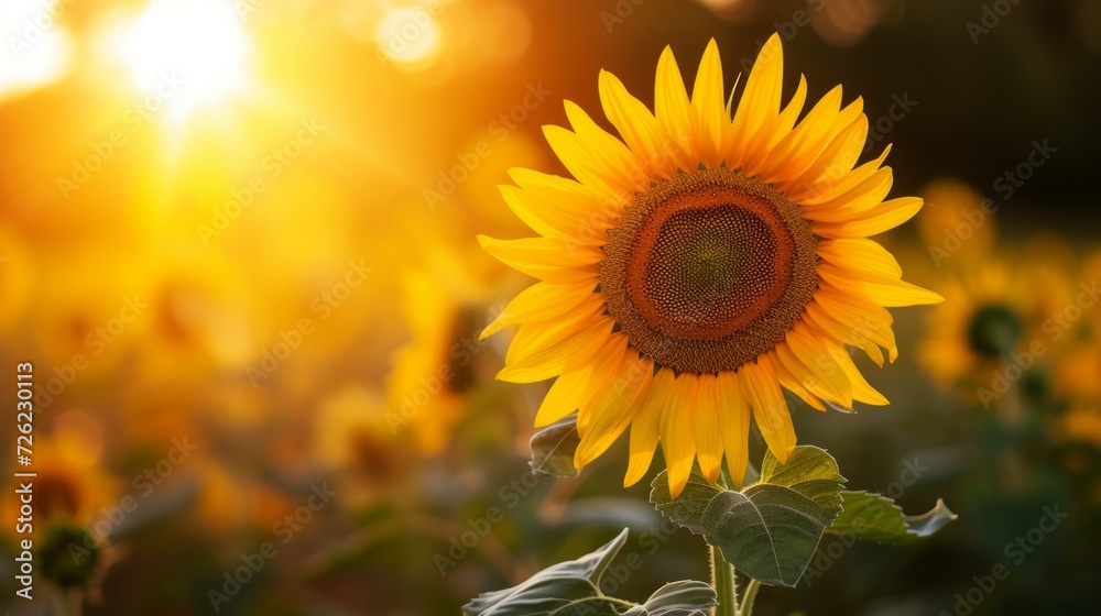 Fototapeta premium Close-up shot of a sunflower field at sunset, background blurred for depth, golden hour lighting