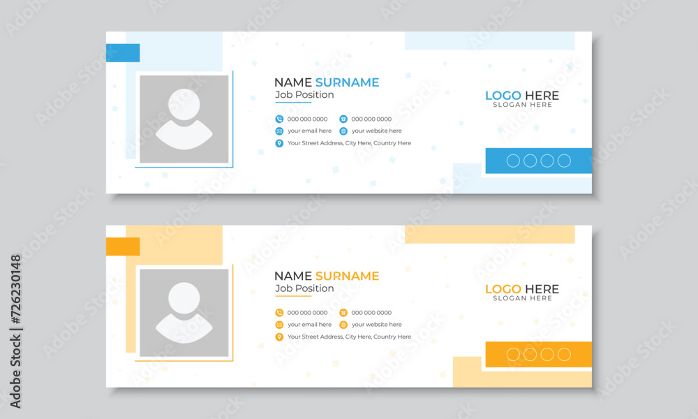 Minimal email signature or email footer design template, clean minimalist signature banner design in blue and orange color accents, personal social media cover design, multipurpose editable layout Minimal email signature or email footer design template, clean minimalist signature banner design in blue and orange color accents, personal social media cover design, multipurpose editable layout
