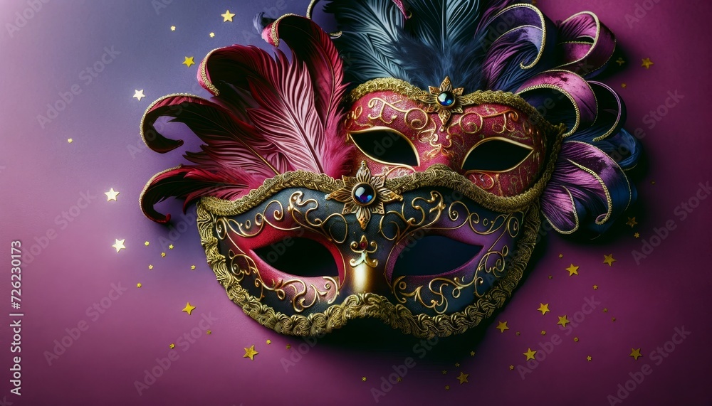 two elegant masquerade masks lying on a purple flat surface