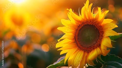 Close-up shot of a sunflower field at sunset, background blurred for depth, golden hour lighting