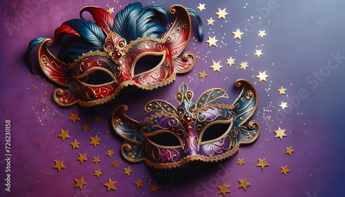 two elegant masquerade masks lying on a purple flat surface