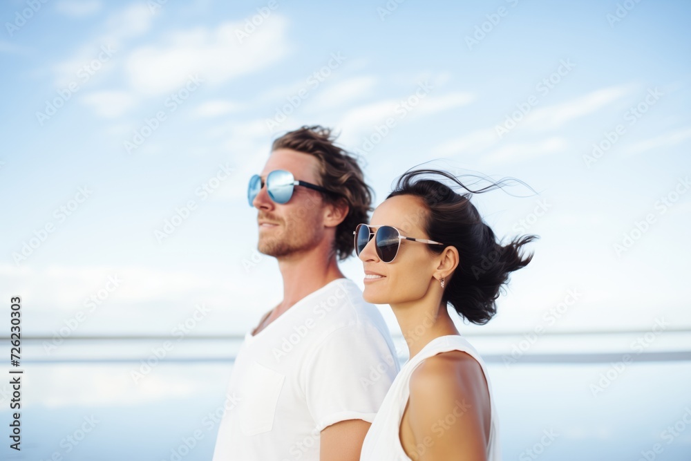 couple with sunglasses, wide ocean and clear sky backdrop couple with sunglasses, wide ocean and clear sky backdrop