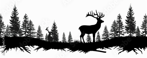 Black silhouette of deer and forest fir trees camping landscape panorama illustration icon for logo, isolated on white background, Generative AI