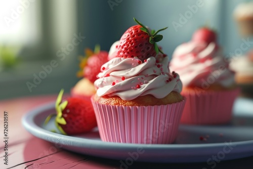 Strawberry Cupcake with Pink Cream on Tray