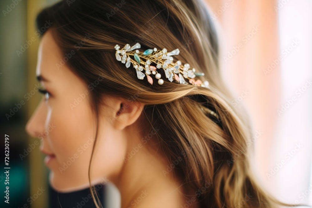 dazzling hairpin with jewels on the side of a loose waves
