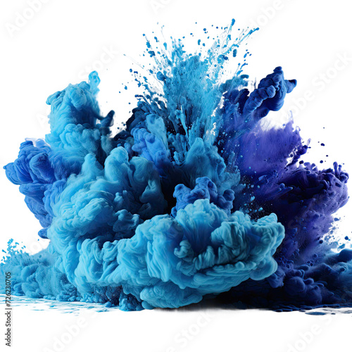 Blue paint splash explosion smoke cloud isolated on transparent background