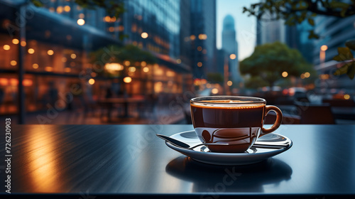 A cup of coffee with an office building in the background