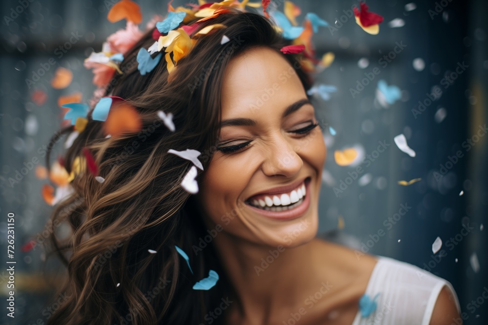 woman with confetti in her hair, laughing